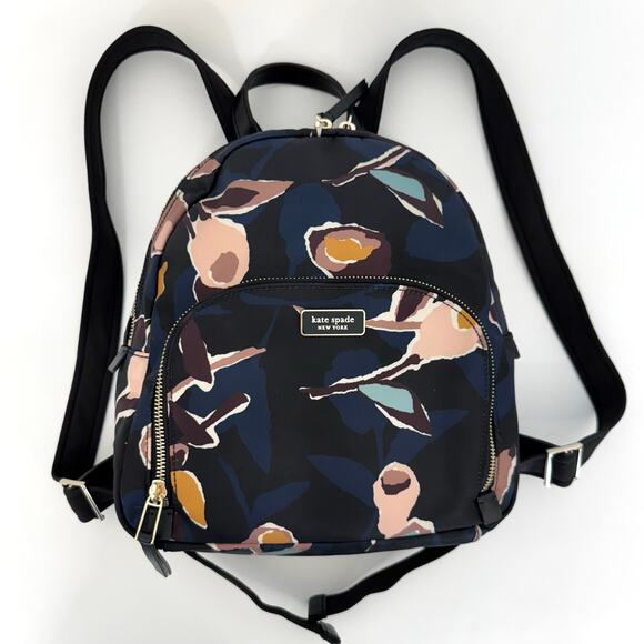 Kate Spade Dawn Paper Rose Medium Backpack Nylon Leather Trim in Black Floral - Picture 2 of 15